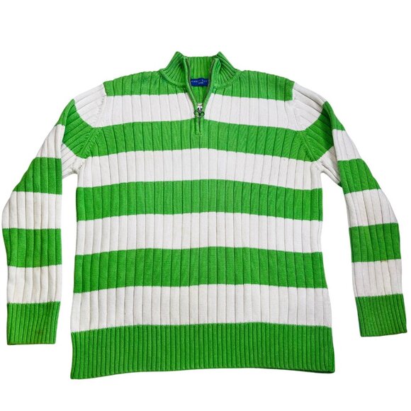 Karen Scott Sport Green & White Striped Ribbed Knit Cotton Half-Zip Sweater Mens - Picture 1 of 8